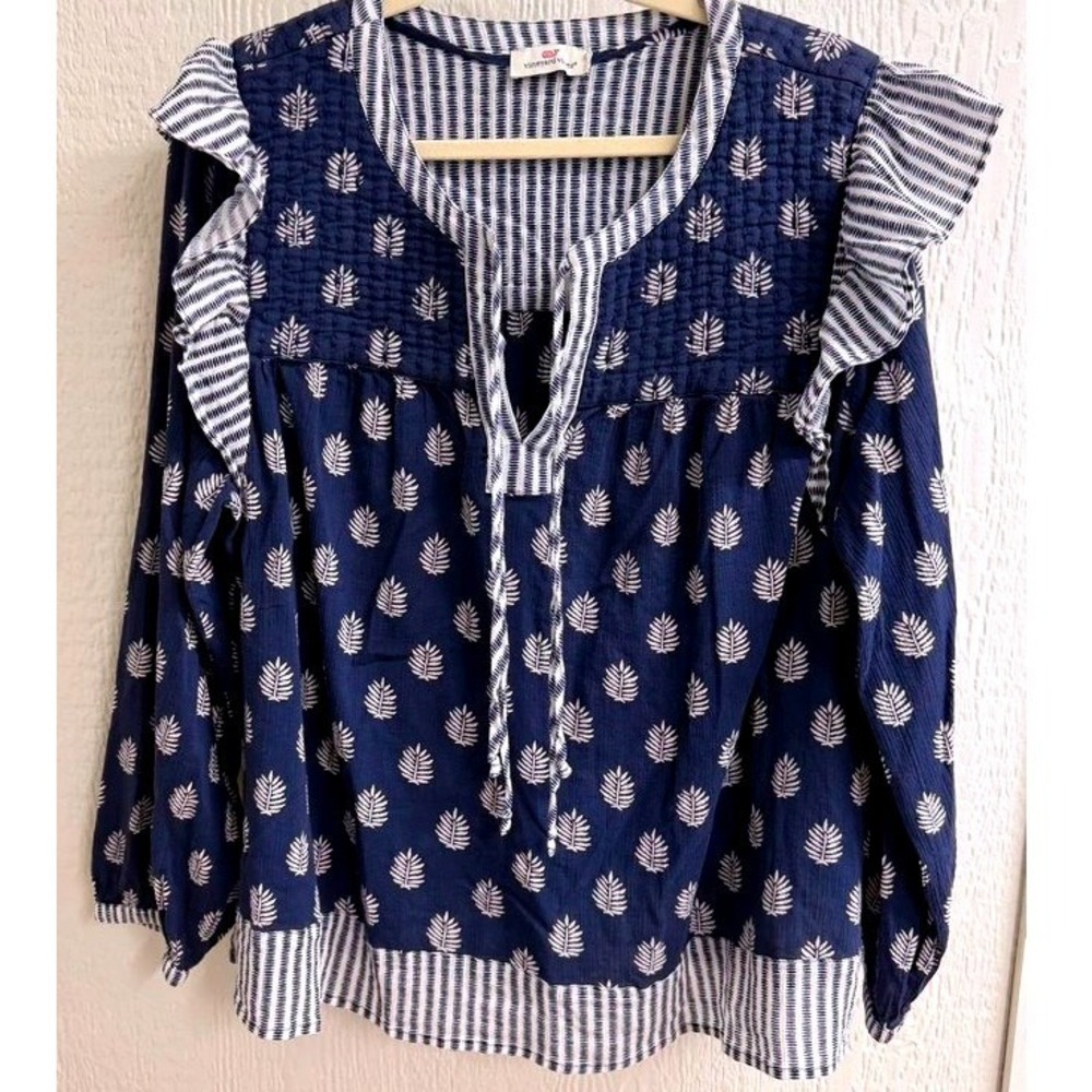 Vineyard Vines Quilted Ruffle Fleur de Leaf Coastal Peasant Top Boho XL